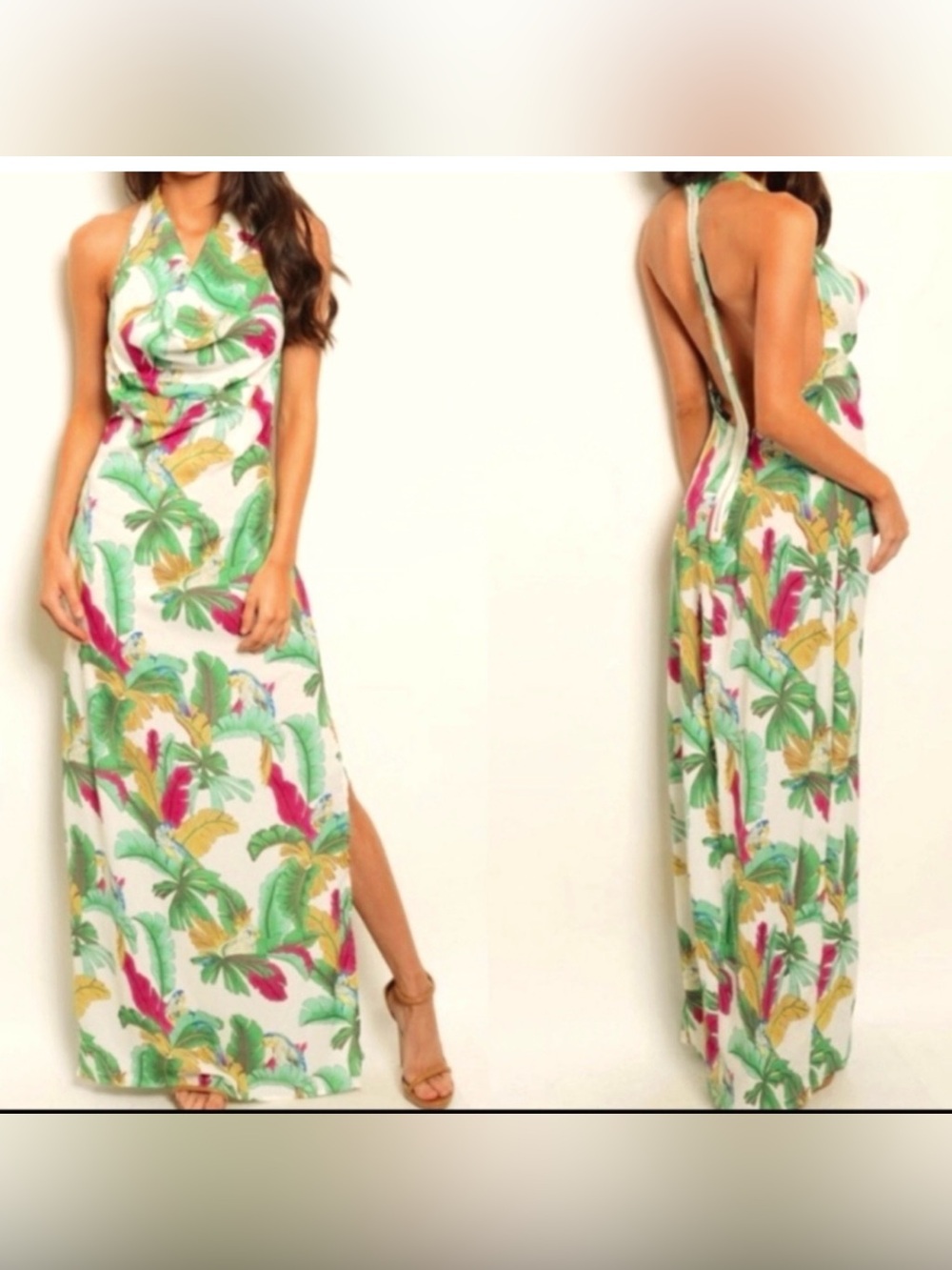 Ark & Co White Halter Maxi Dress with Green & Pink Tropical Print